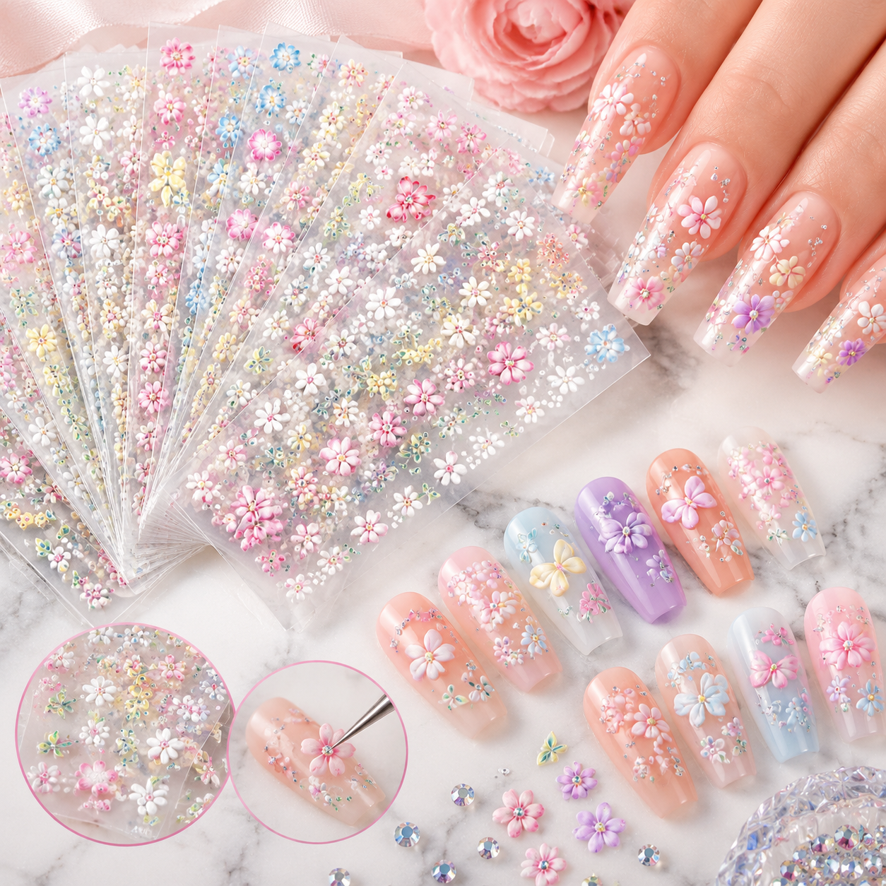 Butterfly & Flower Nail Stickers with Rhinestones