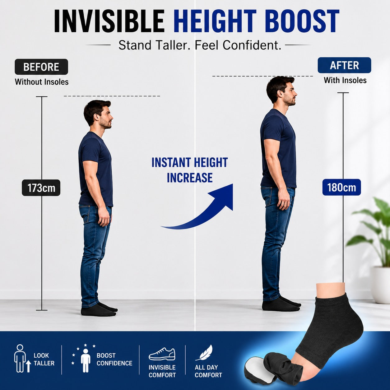 Invisible Height Increase Insoles Socks for Men & Women