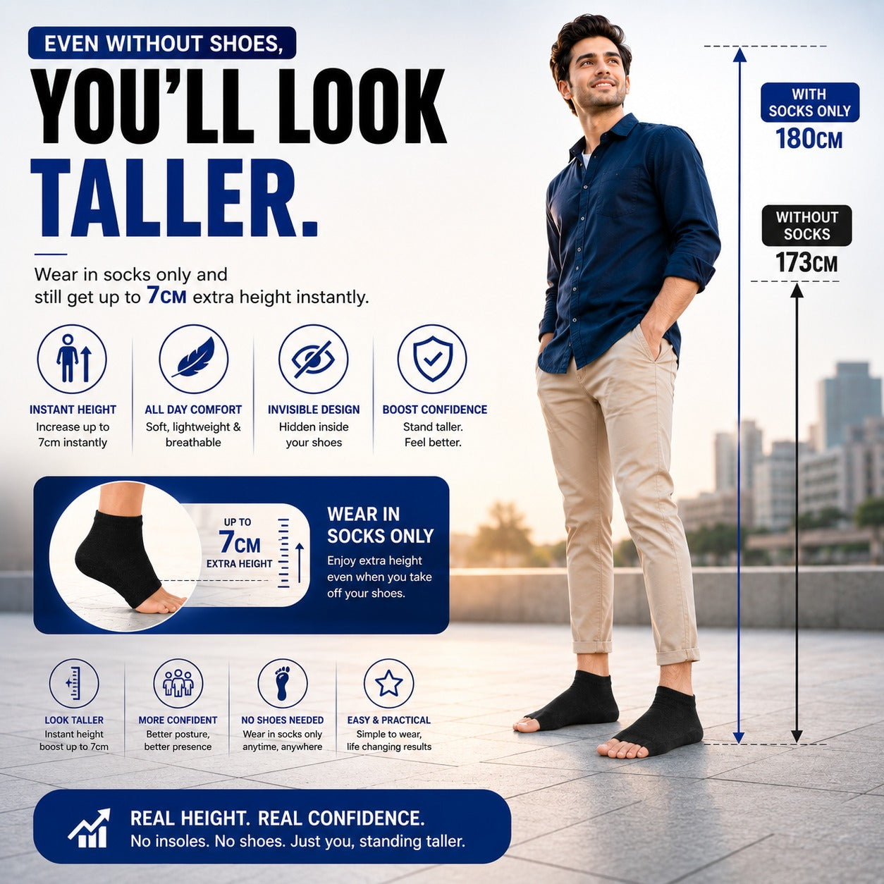 Invisible Height Increase Insoles Socks for Men & Women