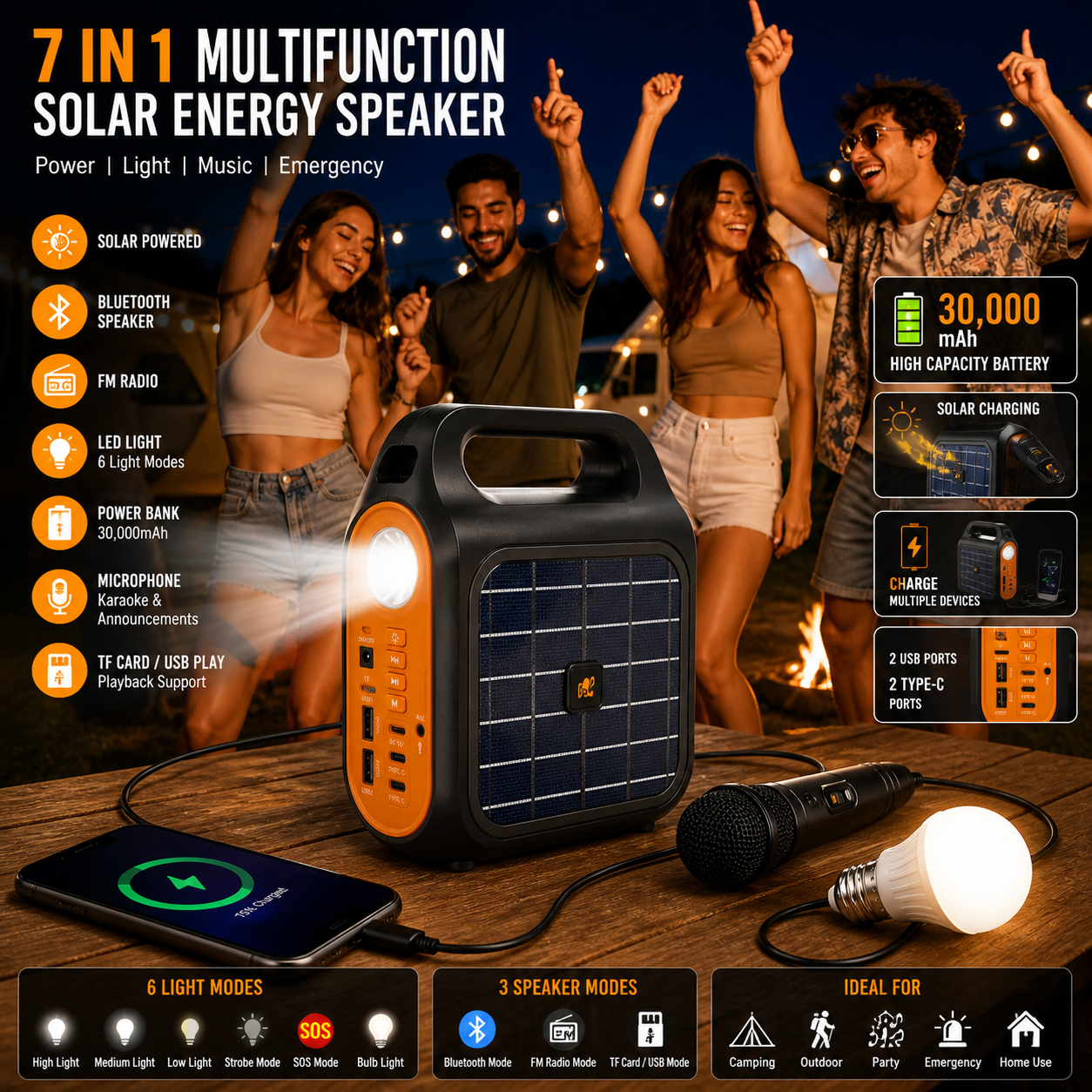 7 in 1 Multifunctional Solar Power Bank + Speaker + Stereo System